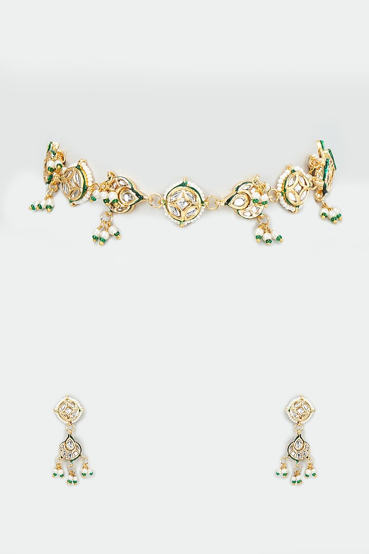 Gold Finish Kundan Polki Choker Necklace Set by VASTRAA Jewellery at Pernia's Pop Up Shop
