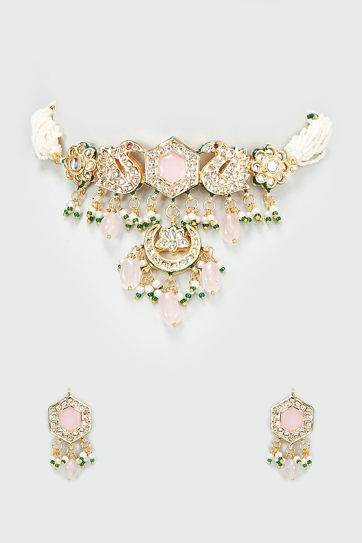 Gold Finish Kundan Polki & Pink Stone Choker Necklace Set by VASTRAA Jewellery at Pernia's Pop Up Shop