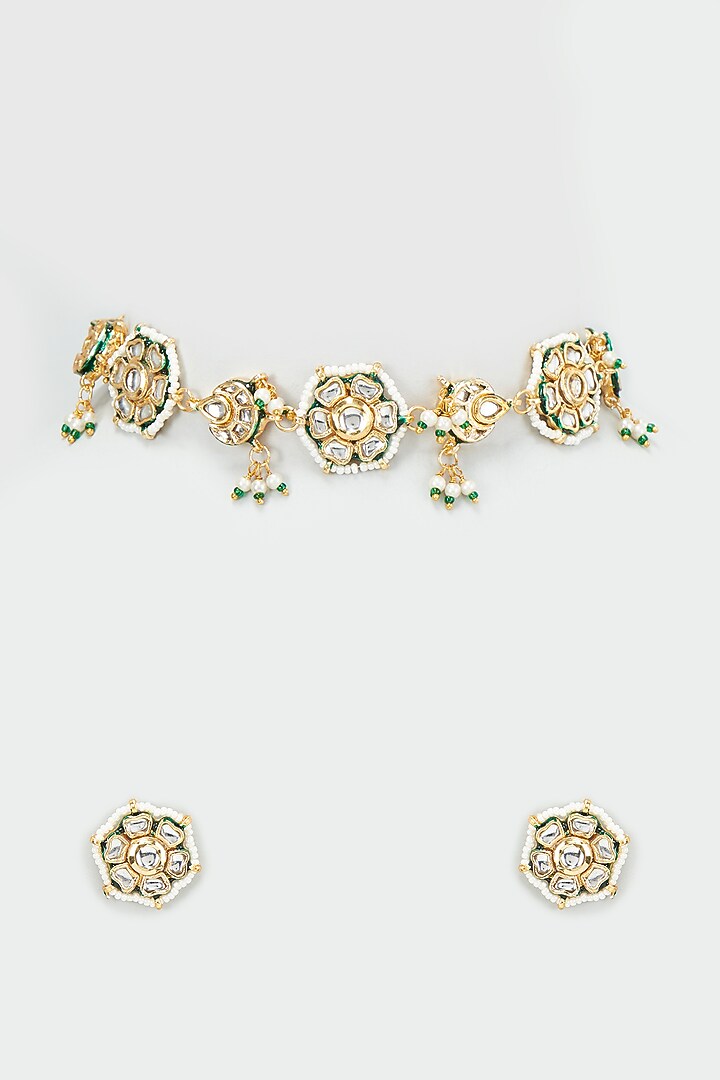 Gold Finish Kundan Polki Choker Necklace Set by VASTRAA Jewellery at Pernia's Pop Up Shop