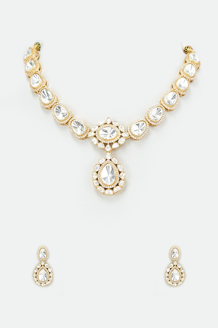 Gold Finish Kundan Polki Necklace Set by VASTRAA Jewellery at Pernia's Pop Up Shop