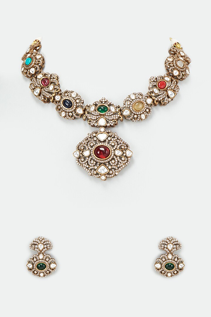 Black Rhodium Finish Kundan Polki Necklace Set by VASTRAA Jewellery at Pernia's Pop Up Shop
