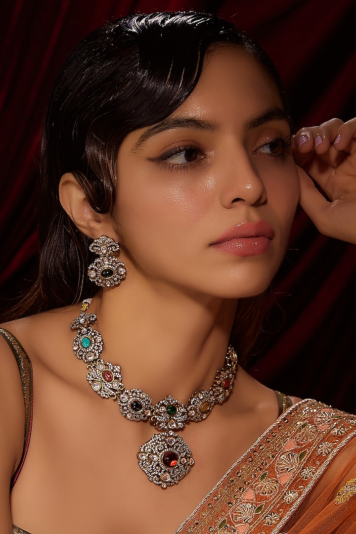 Black Rhodium Finish Kundan Polki Necklace Set by VASTRAA Jewellery at Pernia's Pop Up Shop