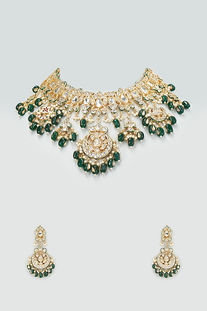 Gold Finish Kundan Polki & Green Beaded Necklace Set by VASTRAA Jewellery at Pernia's Pop Up Shop