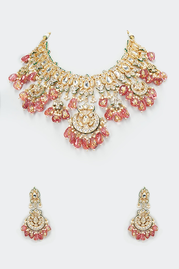 Gold Finish Kundan Polki & Multi-Colored Beaded Necklace Set by VASTRAA Jewellery at Pernia's Pop Up Shop