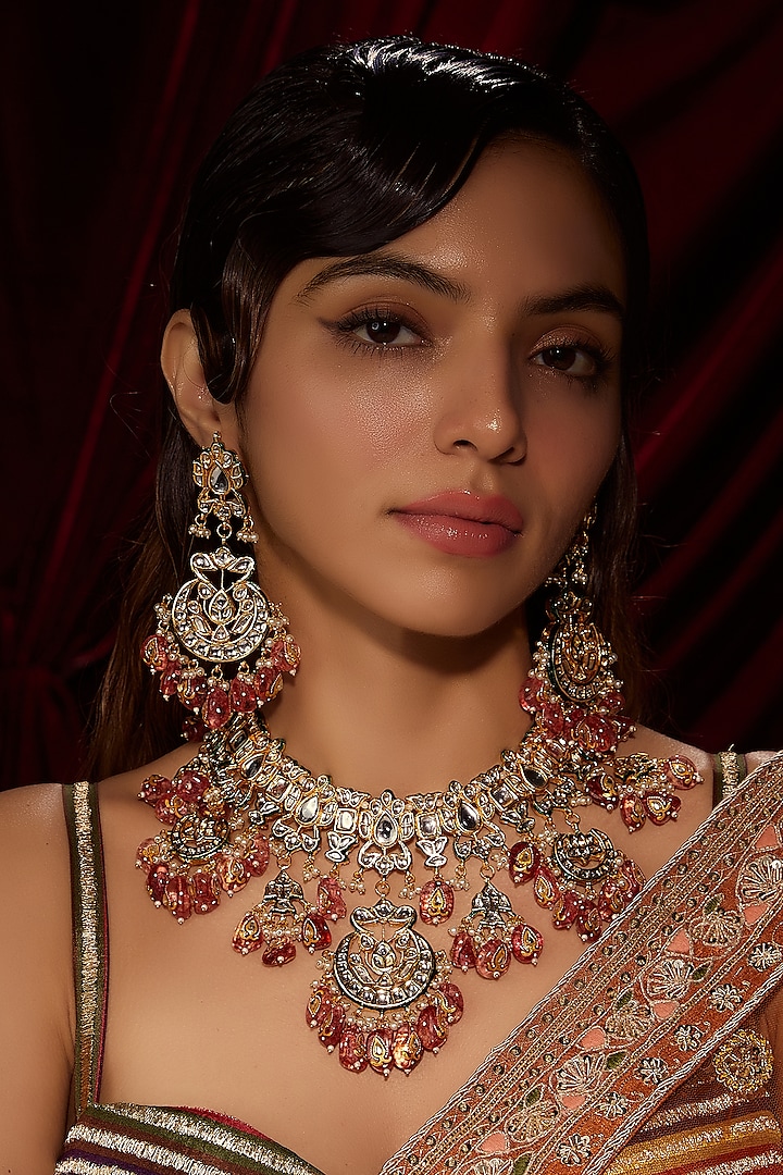 Gold Finish Kundan Polki & Multi-Colored Beaded Necklace Set by VASTRAA Jewellery at Pernia's Pop Up Shop