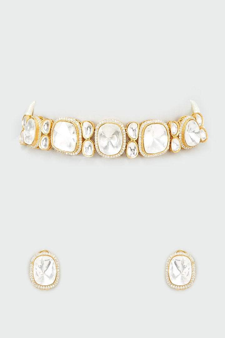 Gold Finish Kundan Polki Choker Necklace Set by VASTRAA Jewellery at Pernia's Pop Up Shop