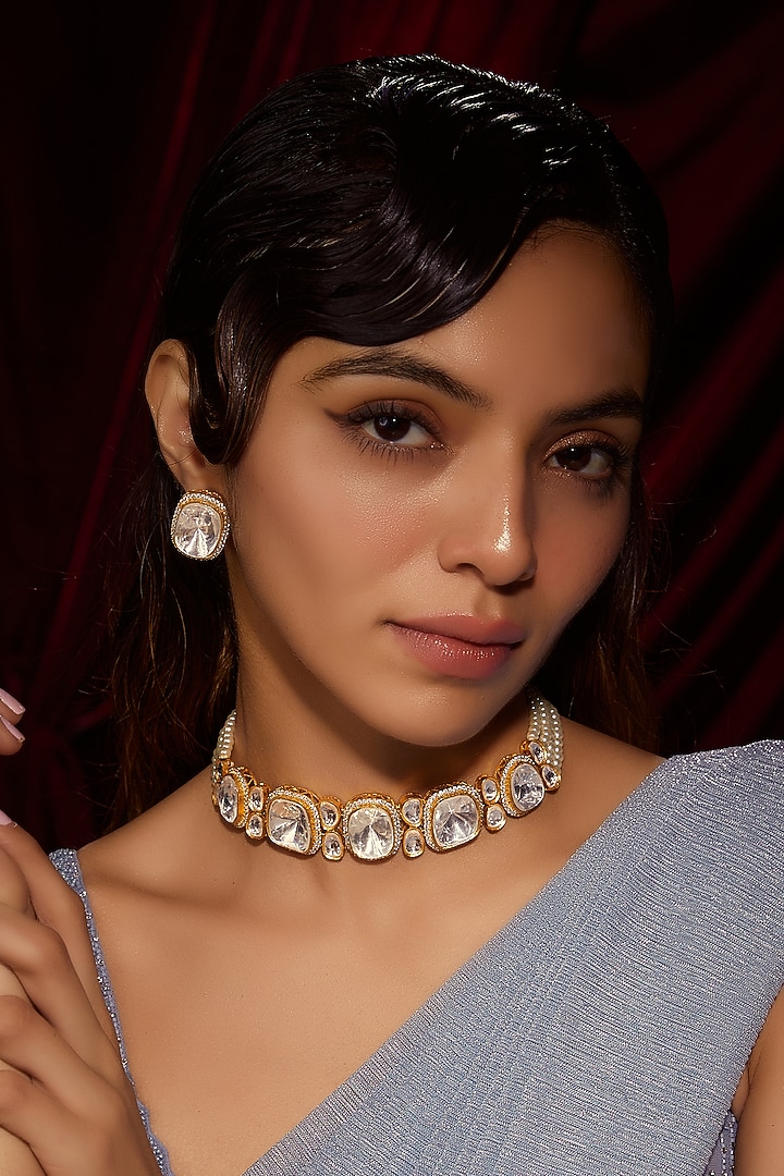 Gold Finish Kundan Polki Choker Necklace Set by VASTRAA Jewellery at Pernia's Pop Up Shop