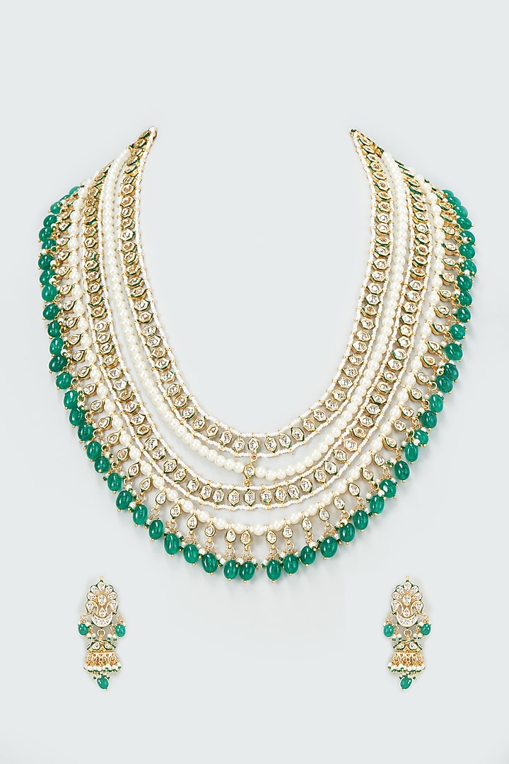 Gold Finish Kundan Polki Long Layered Necklace Set by VASTRAA Jewellery at Pernia's Pop Up Shop