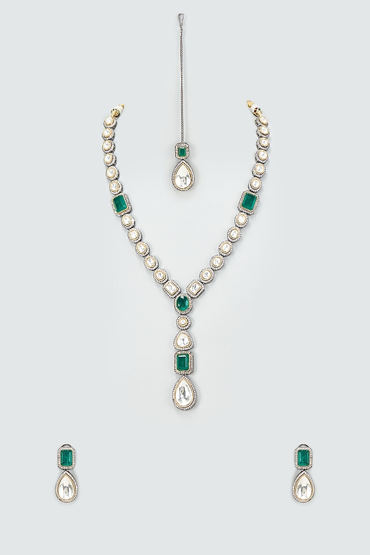 Black Rhodium Finish Kundan Polki Long Necklace Set by VASTRAA Jewellery at Pernia's Pop Up Shop