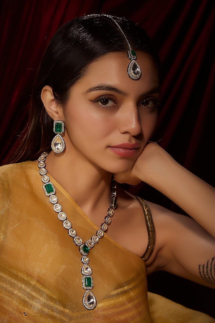 Black Rhodium Finish Kundan Polki Long Necklace Set by VASTRAA Jewellery at Pernia's Pop Up Shop