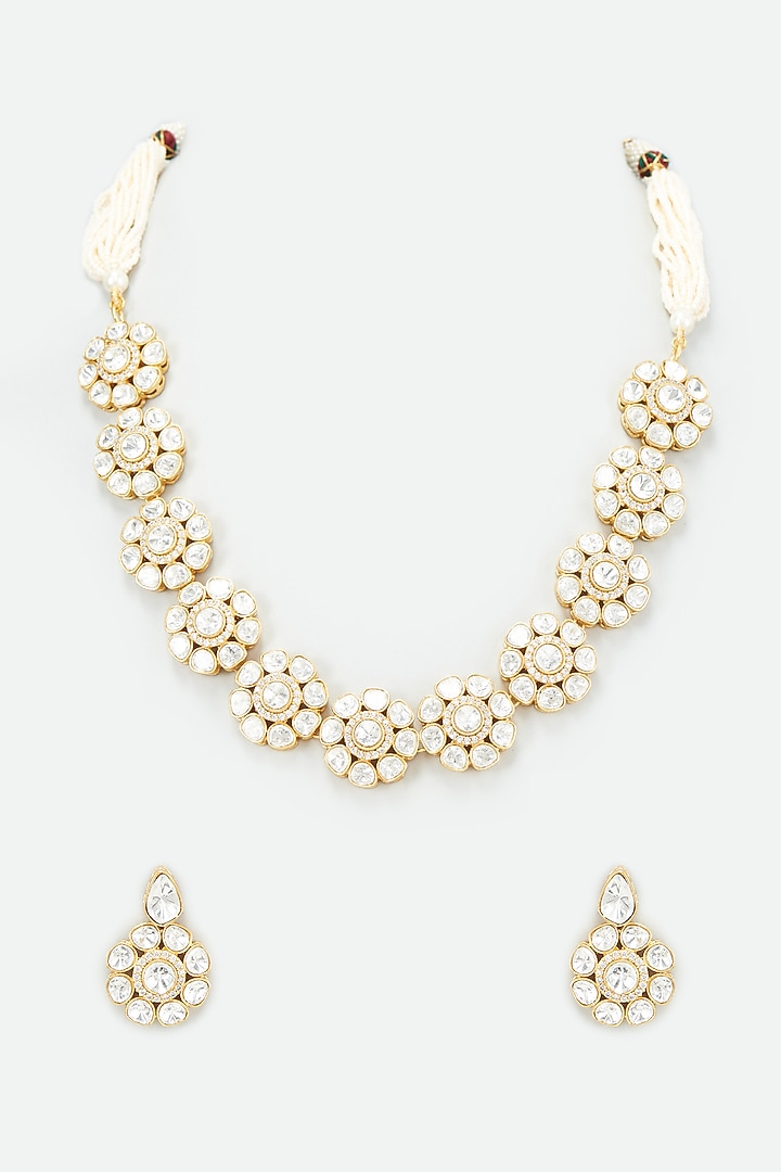 Gold Finish Kundan Polki & Pearl Necklace Set by VASTRAA Jewellery at Pernia's Pop Up Shop