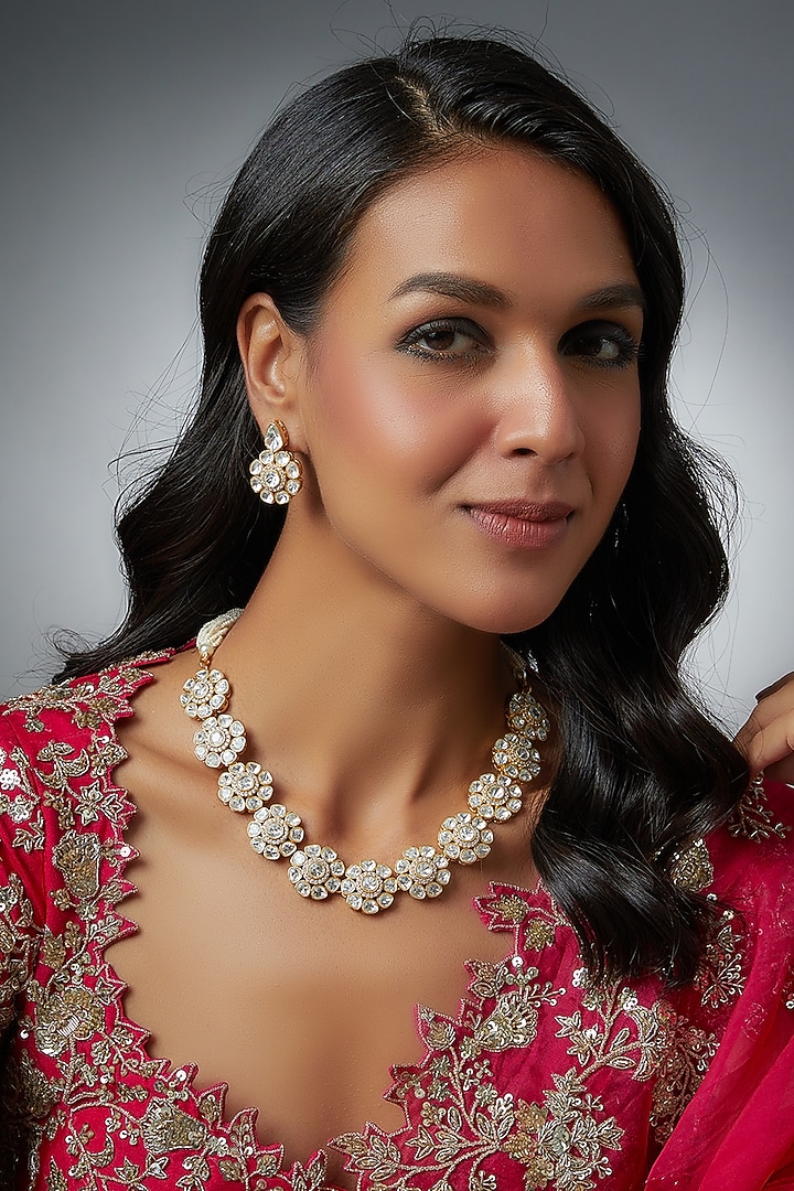 Gold Finish Kundan Polki & Pearl Necklace Set by VASTRAA Jewellery at Pernia's Pop Up Shop