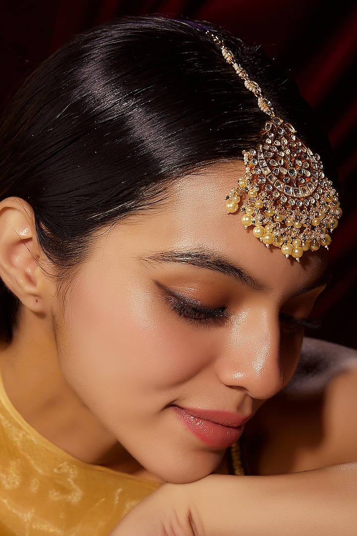 Gold Finish Kundan Polki & Pearl Maang Tikka by VASTRAA Jewellery