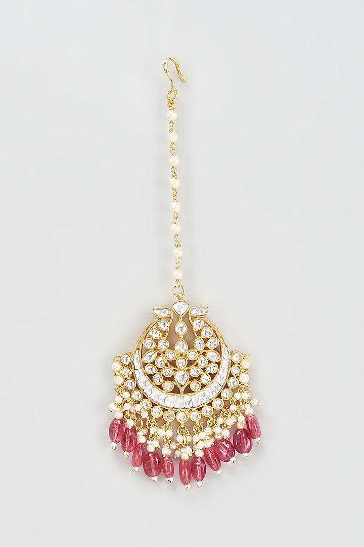Gold Finish Kundan Polki & Red Beaded Maangtikka by VASTRAA Jewellery at Pernia's Pop Up Shop