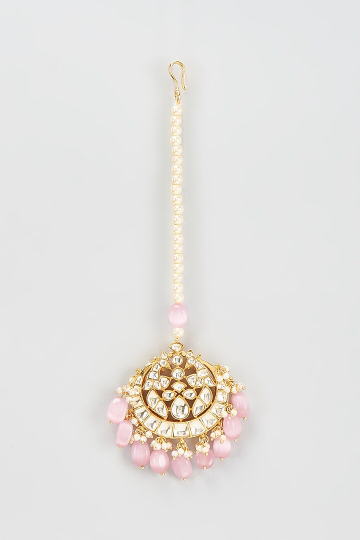 Gold Finish Kundan Polki & Pink Beaded Maangtikka by VASTRAA Jewellery at Pernia's Pop Up Shop