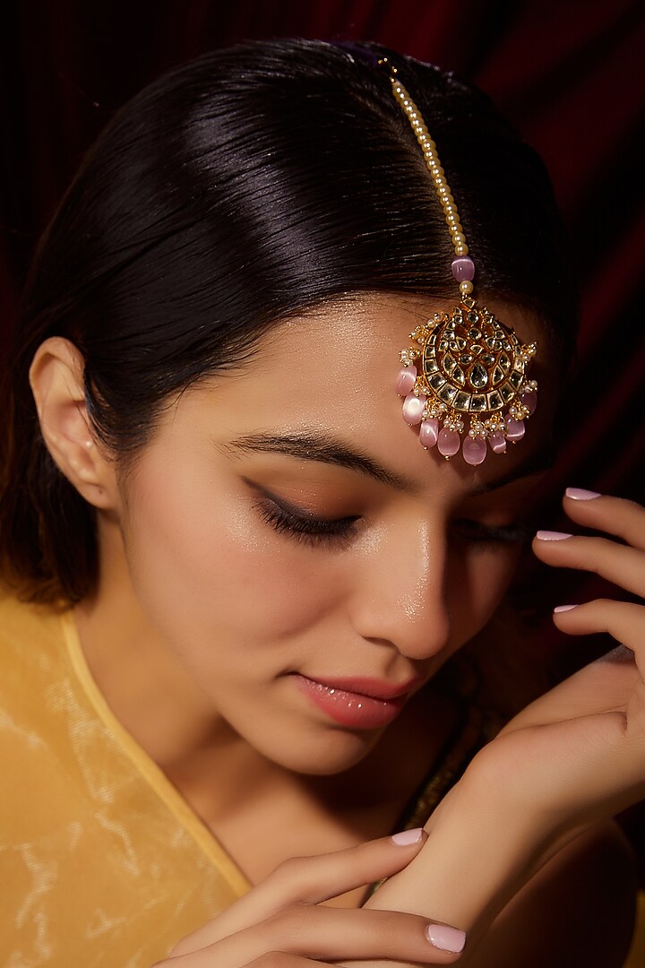 Gold Finish Kundan Polki & Pink Beaded Maangtikka by VASTRAA Jewellery at Pernia's Pop Up Shop