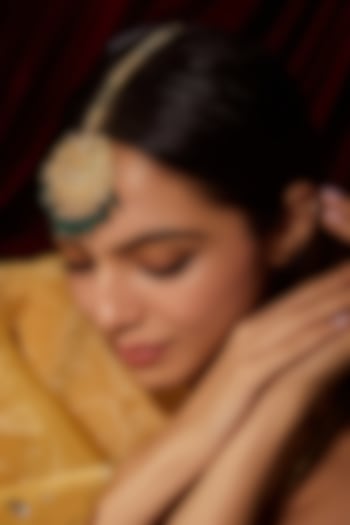 Gold Finish Kundan Polki & Green Beaded Maangtikka by VASTRAA Jewellery at Pernia's Pop Up Shop