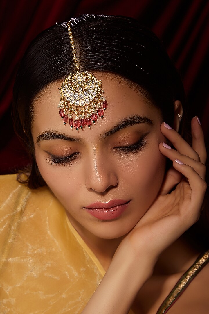 Gold Finish Kundan Polki & Red Beaded Maangtikka by VASTRAA Jewellery at Pernia's Pop Up Shop