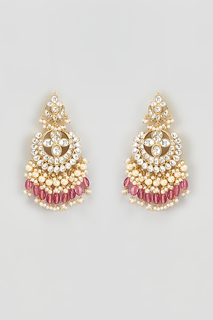 Gold Finish Kundan Polki & Red Beaded Chandbali Earrings by VASTRAA Jewellery at Pernia's Pop Up Shop