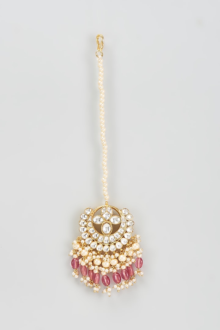Gold Finish Kundan Polki & Red Beaded Chandbali Earrings by VASTRAA Jewellery at Pernia's Pop Up Shop