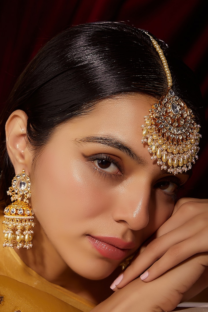 Gold Finish Kundan Polki Jhumka Earrings by VASTRAA Jewellery at Pernia's Pop Up Shop