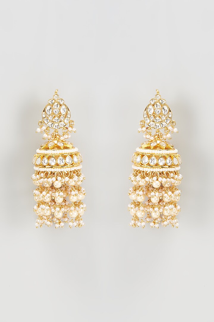Gold Finish Kundan Polki Jhumka Earrings With Maang Tikka by VASTRAA Jewellery at Pernia's Pop Up Shop