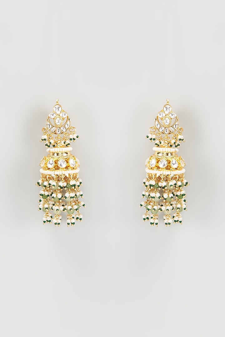 Gold Finish Kundan Polki Jhumka Earrings With Maang Tikka by VASTRAA Jewellery at Pernia's Pop Up Shop