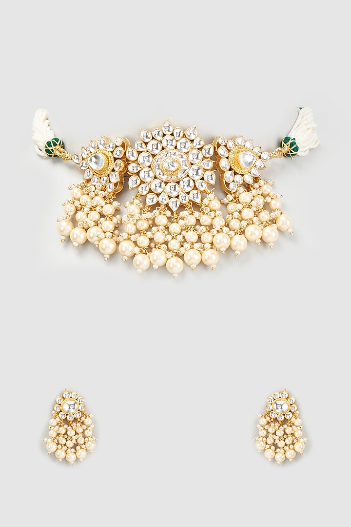 Gold Finish Kundan Polki & Pearl Choker Necklace Set by VASTRAA Jewellery at Pernia's Pop Up Shop