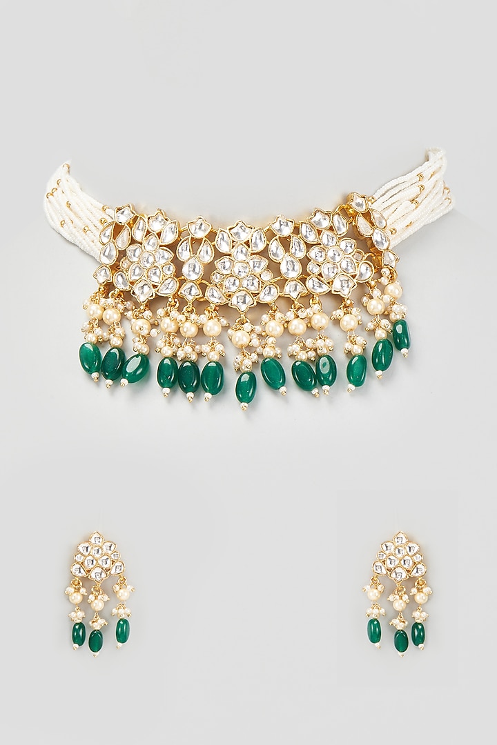 Gold Finish Kundan Polki & Green Beaded Choker Necklace Set by VASTRAA Jewellery at Pernia's Pop Up Shop