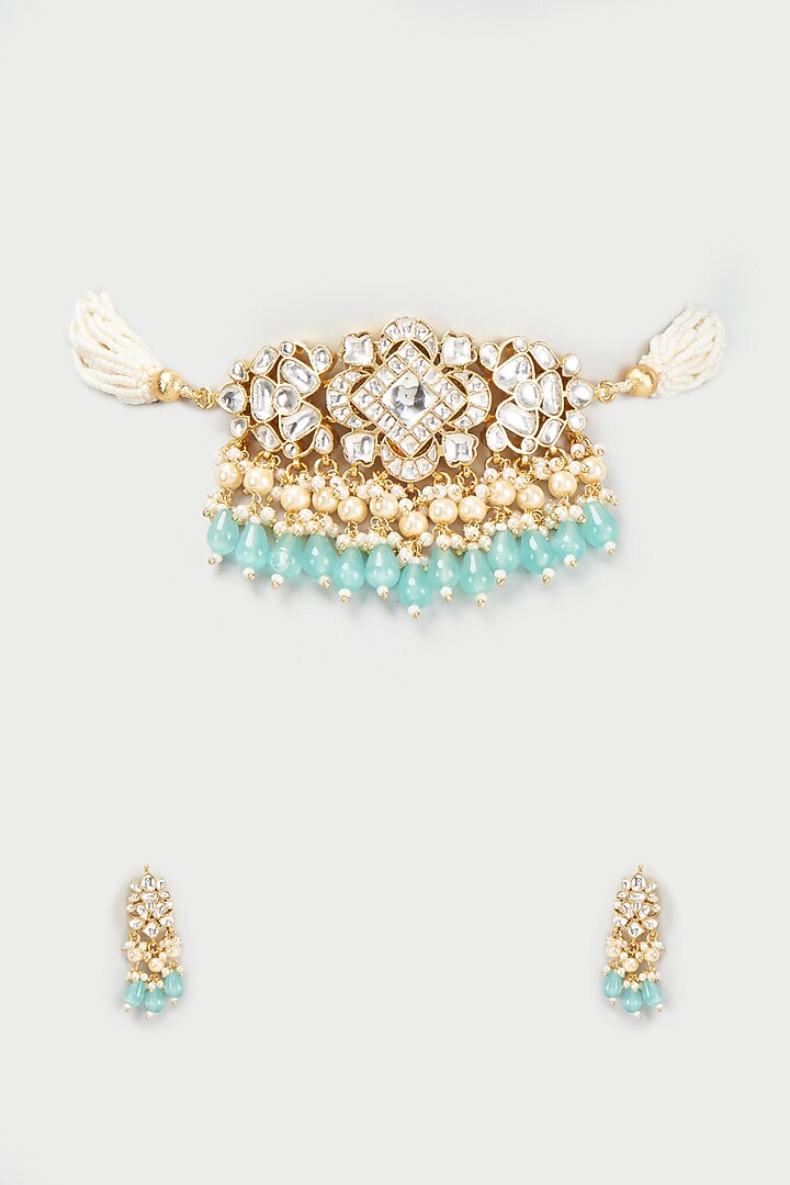 Gold Finish Kundan Polki & Aqua Beaded Choker Necklace Set by VASTRAA Jewellery at Pernia's Pop Up Shop