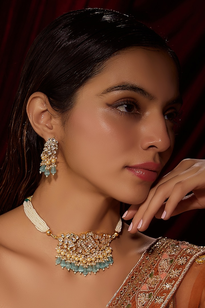 Gold Finish Kundan Polki & Aqua Beaded Choker Necklace Set by VASTRAA Jewellery at Pernia's Pop Up Shop