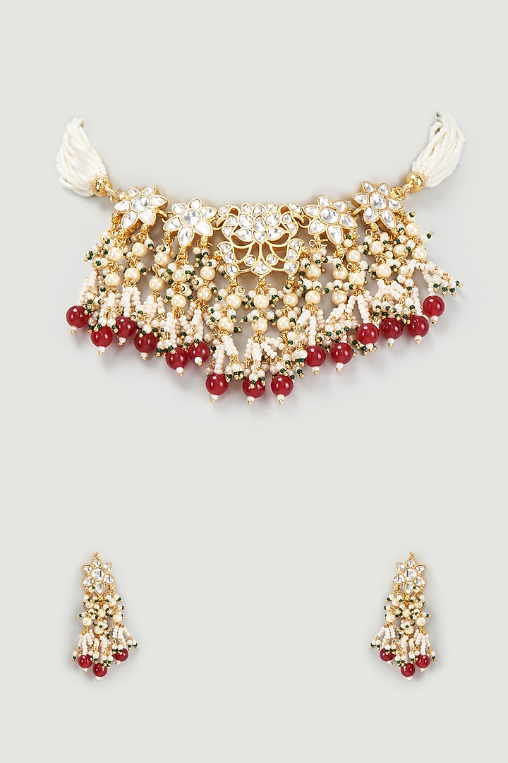 Gold Finish Kundan Polki & Red Beaded Choker Necklace Set Design by
