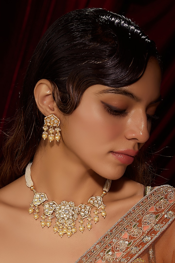 Gold Finish Kundan Polki & Pearl Choker Necklace Set by VASTRAA Jewellery at Pernia's Pop Up Shop