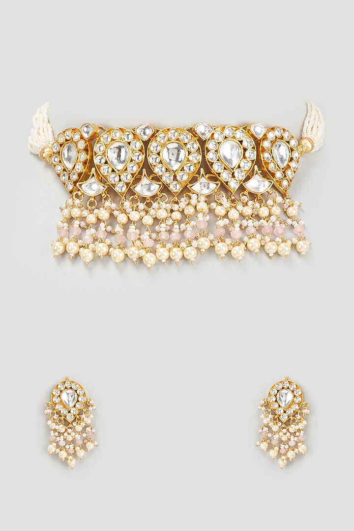 Gold Finish Kundan Polki & Pearl Choker Necklace Set by VASTRAA Jewellery at Pernia's Pop Up Shop