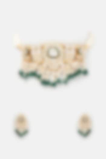 Gold Finish Kundan Polki & Green Beaded Choker Necklace Set by VASTRAA Jewellery at Pernia's Pop Up Shop