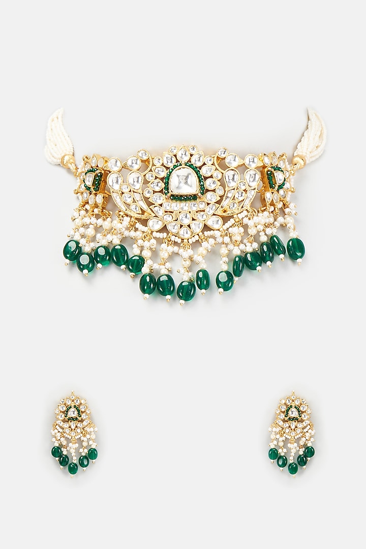 Gold Finish Kundan Polki And Green Beaded Choker Necklace Set Design By