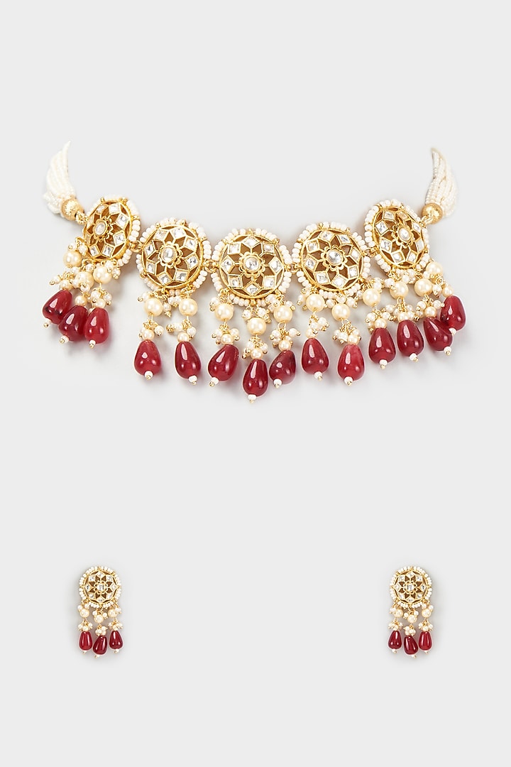 Gold Finish Kundan Polki & Red Beaded Choker Necklace Set by VASTRAA Jewellery at Pernia's Pop Up Shop