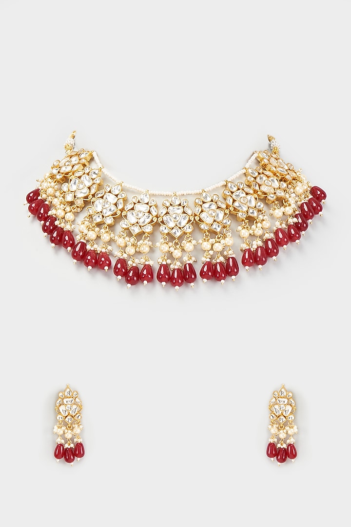 Gold Finish Kundan Polki & Red Beaded Necklace Set by VASTRAA Jewellery at Pernia's Pop Up Shop
