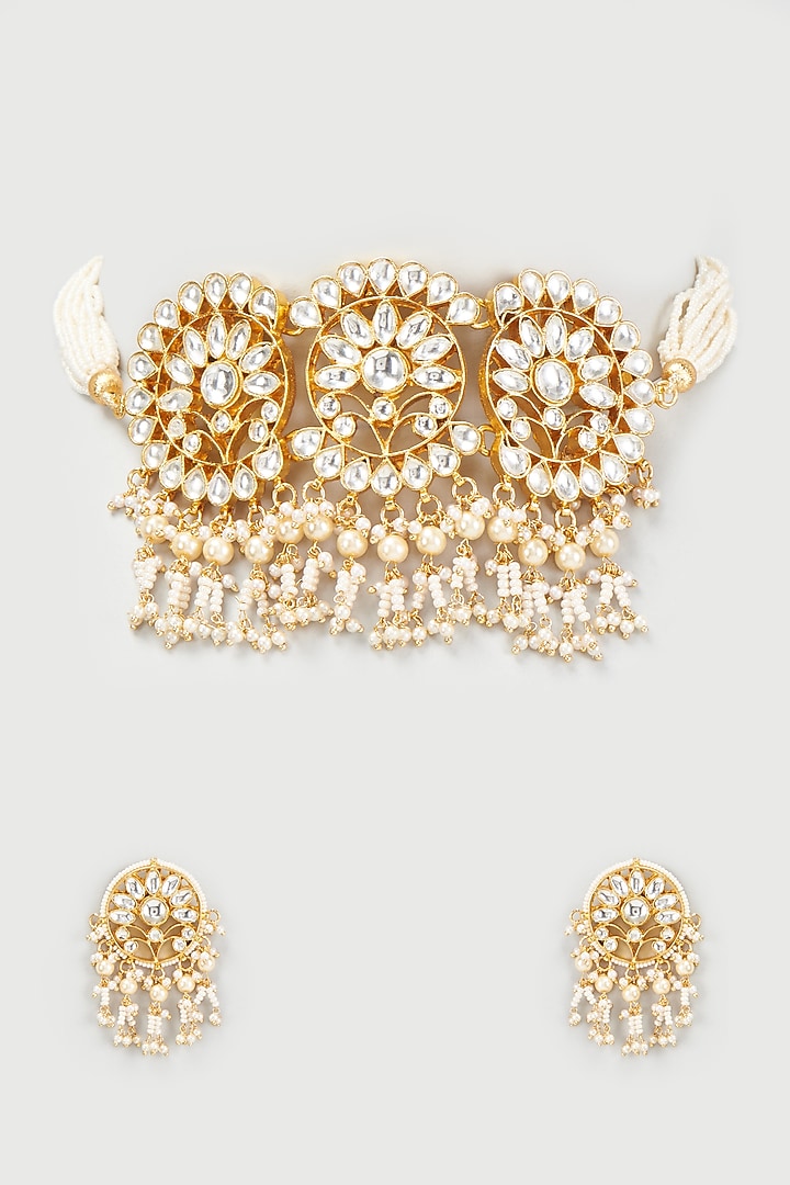 Gold Finish Kundan Polki & Pearl Choker Necklace Set by VASTRAA Jewellery at Pernia's Pop Up Shop
