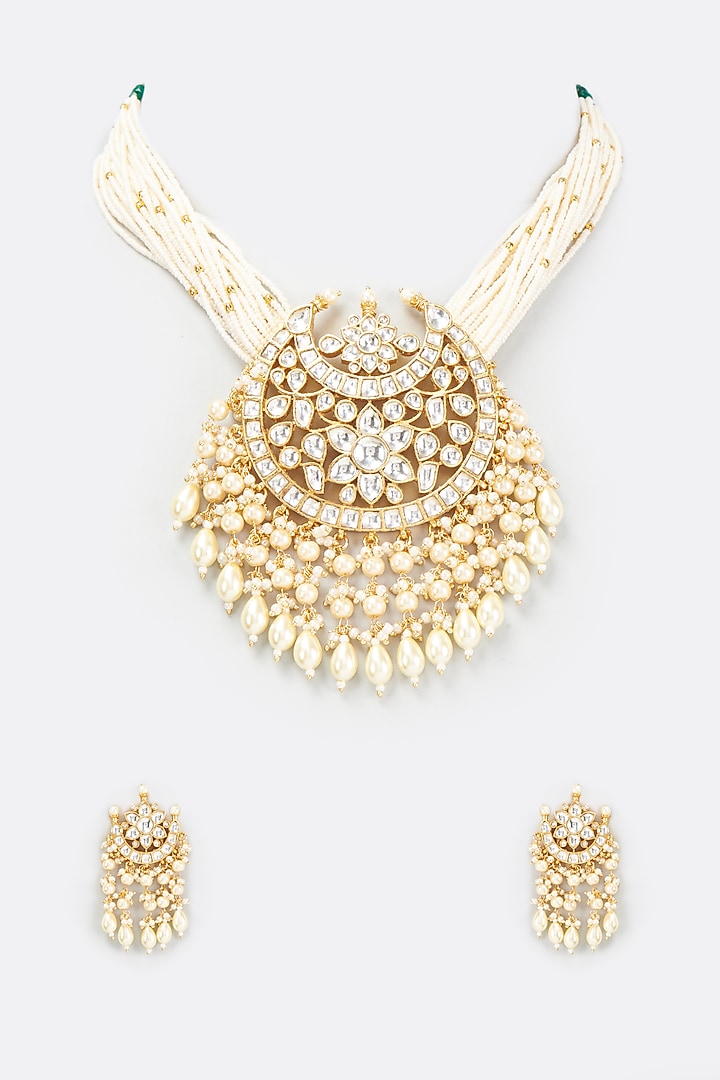 Gold Finish Kundan Polki & Pearl Choker Necklace Set by VASTRAA Jewellery at Pernia's Pop Up Shop
