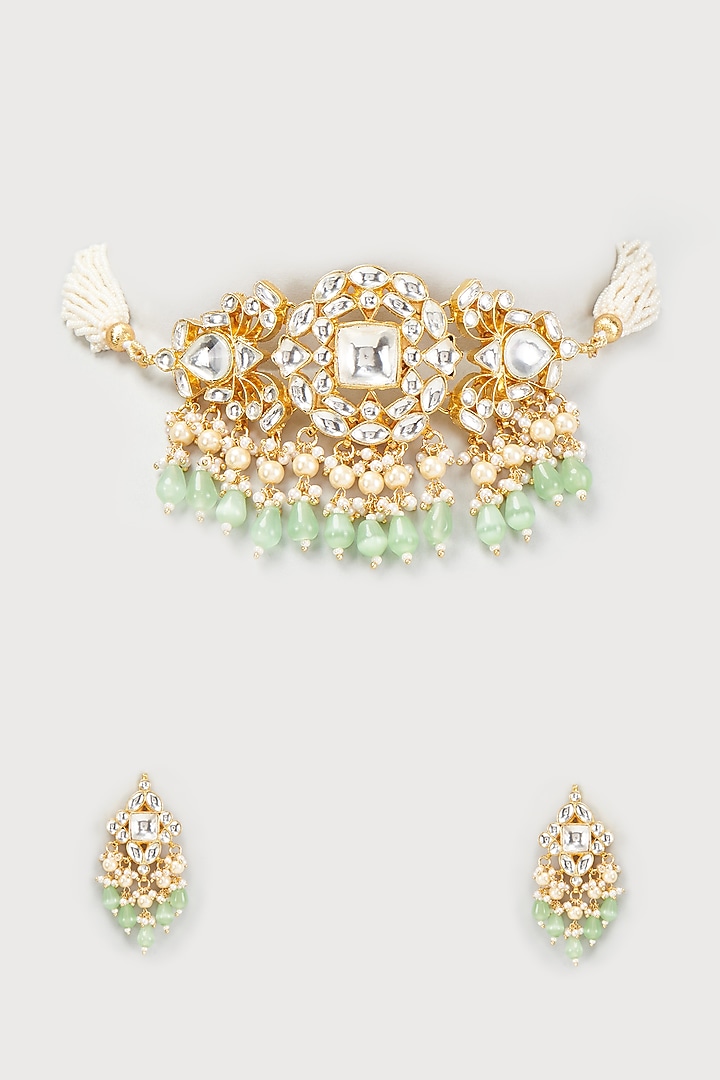 Gold Finish Kundan Polki & Green Beaded Choker Necklace Set by VASTRAA Jewellery at Pernia's Pop Up Shop