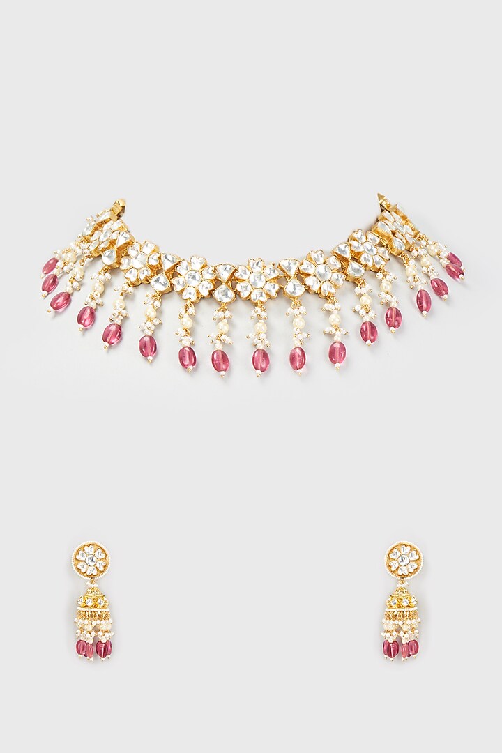 Gold Finish Kundan Polki & Red Beaded Necklace Set by VASTRAA Jewellery at Pernia's Pop Up Shop