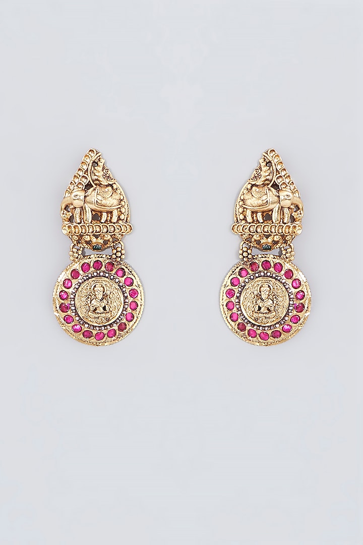 Gold Finish Kundan Polki Temple Dangler Earrings by VASTRAA Jewellery at Pernia's Pop Up Shop
