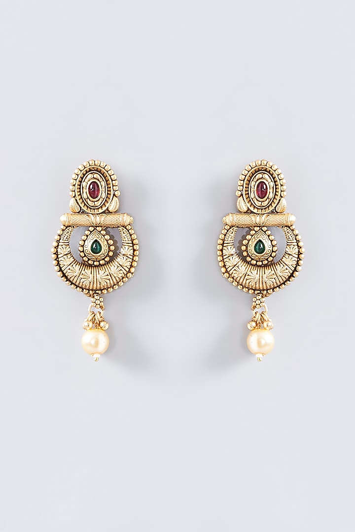 Gold Finish Kundan Polki Temple Chandbali Earrings by VASTRAA Jewellery at Pernia's Pop Up Shop