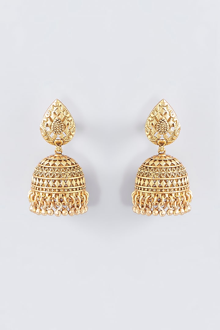 Gold Finish Kundan Polki Temple Jhumka Earrings by VASTRAA Jewellery at Pernia's Pop Up Shop