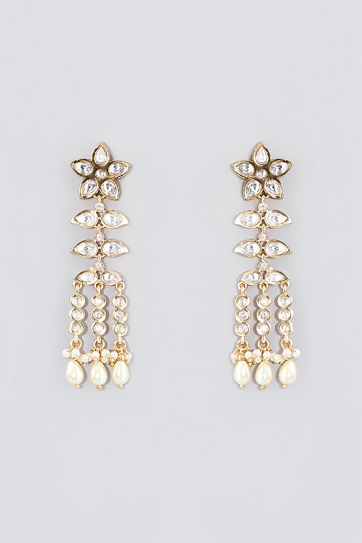 Gold Finish Kundan Polki & Pearl Dangler Earrings by VASTRAA Jewellery at Pernia's Pop Up Shop