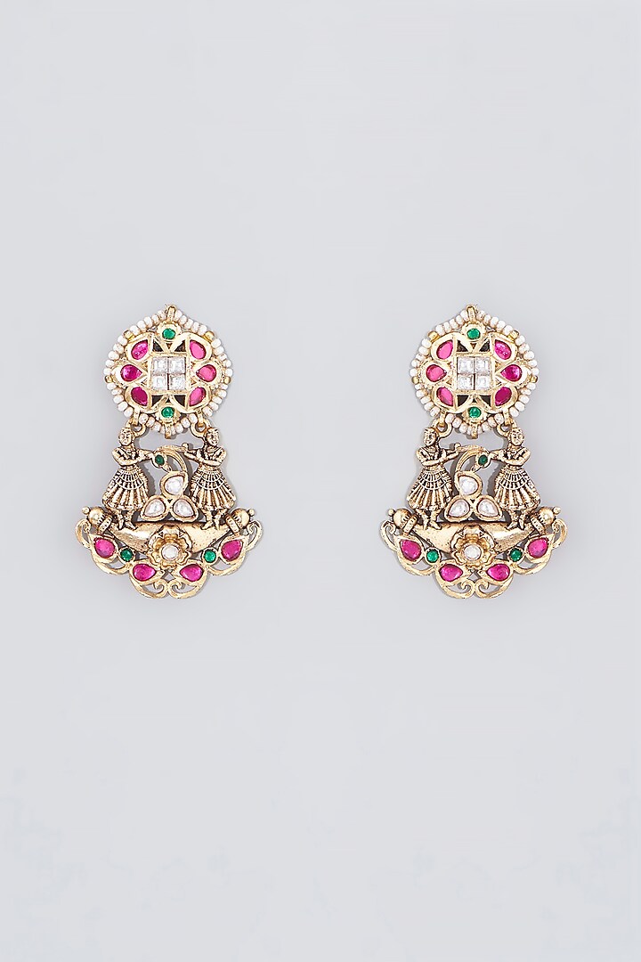 Gold Finish Kundan Polki Temple Dangler Earrings by VASTRAA Jewellery at Pernia's Pop Up Shop
