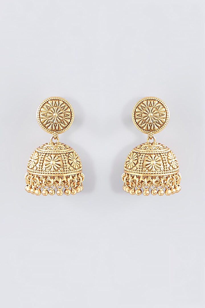 Gold Finish Kundan Polki Temple Jhumka Earrings by VASTRAA Jewellery at Pernia's Pop Up Shop