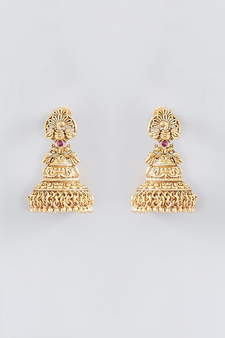Gold Finish Kundan Polki Temple Jhumka Earrings by VASTRAA Jewellery at Pernia's Pop Up Shop