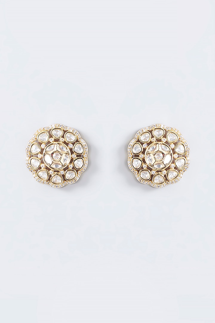Gold Finish Kundan Polki Stud Earrings by VASTRAA Jewellery at Pernia's Pop Up Shop